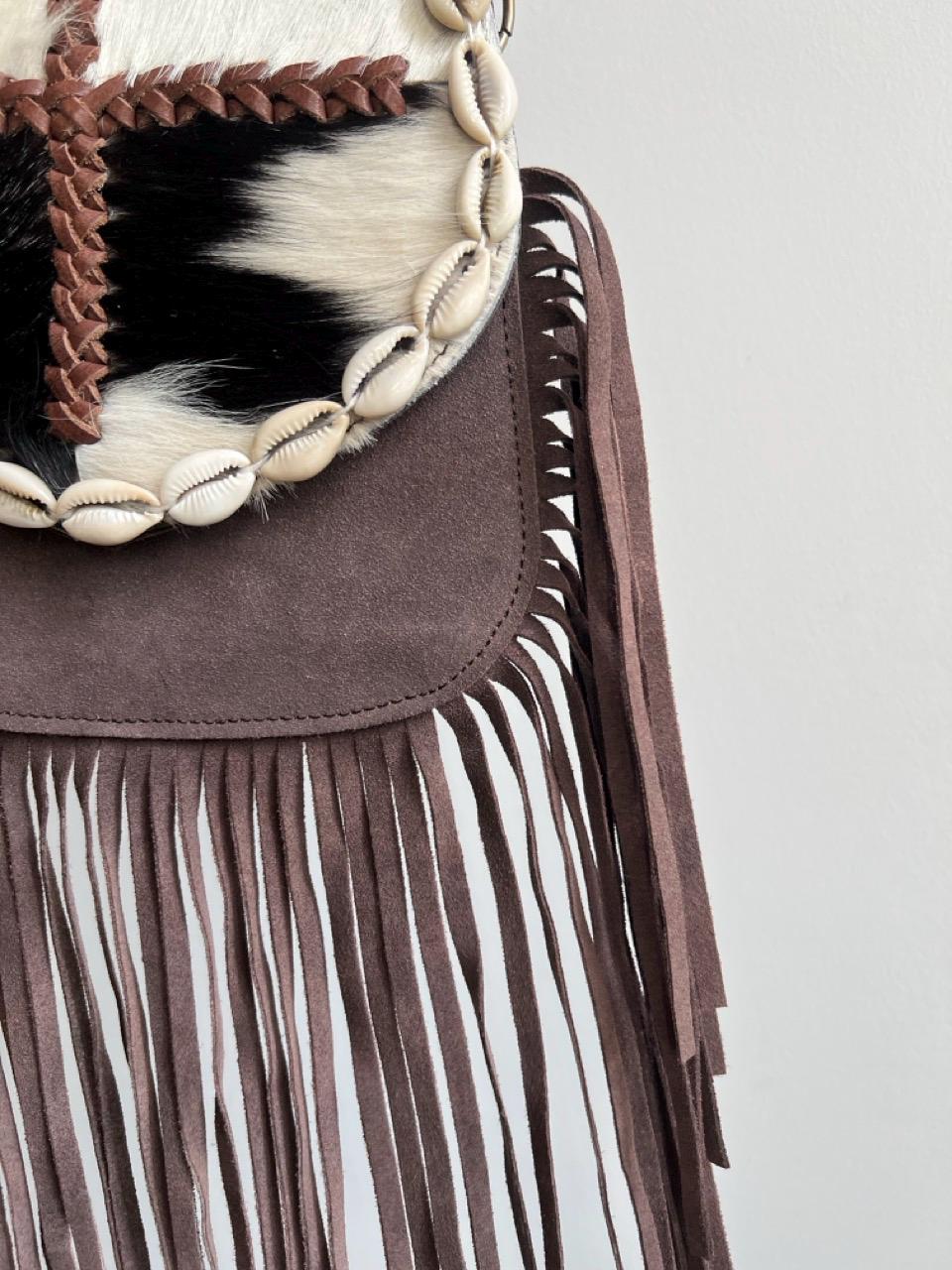 Handmade Boho Fringe Crossbody Bag, Animal Print Fur, Suede, Seashell Accents, Leather Purse