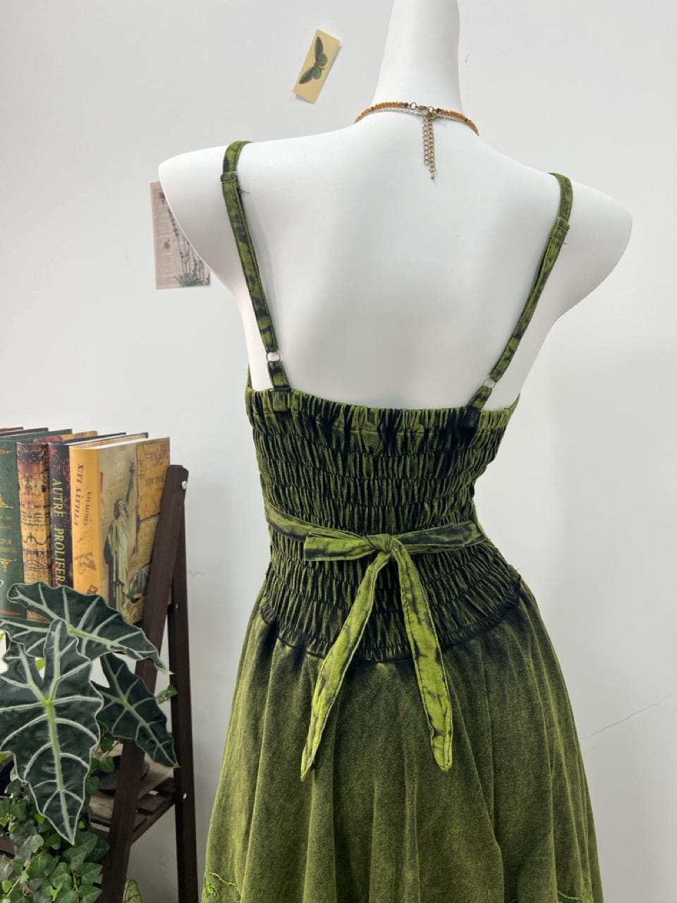 Handmade Green Bohemian Dress, Artistic Embroidered Lace Slip Maxi Dress with Asymmetrical Hem