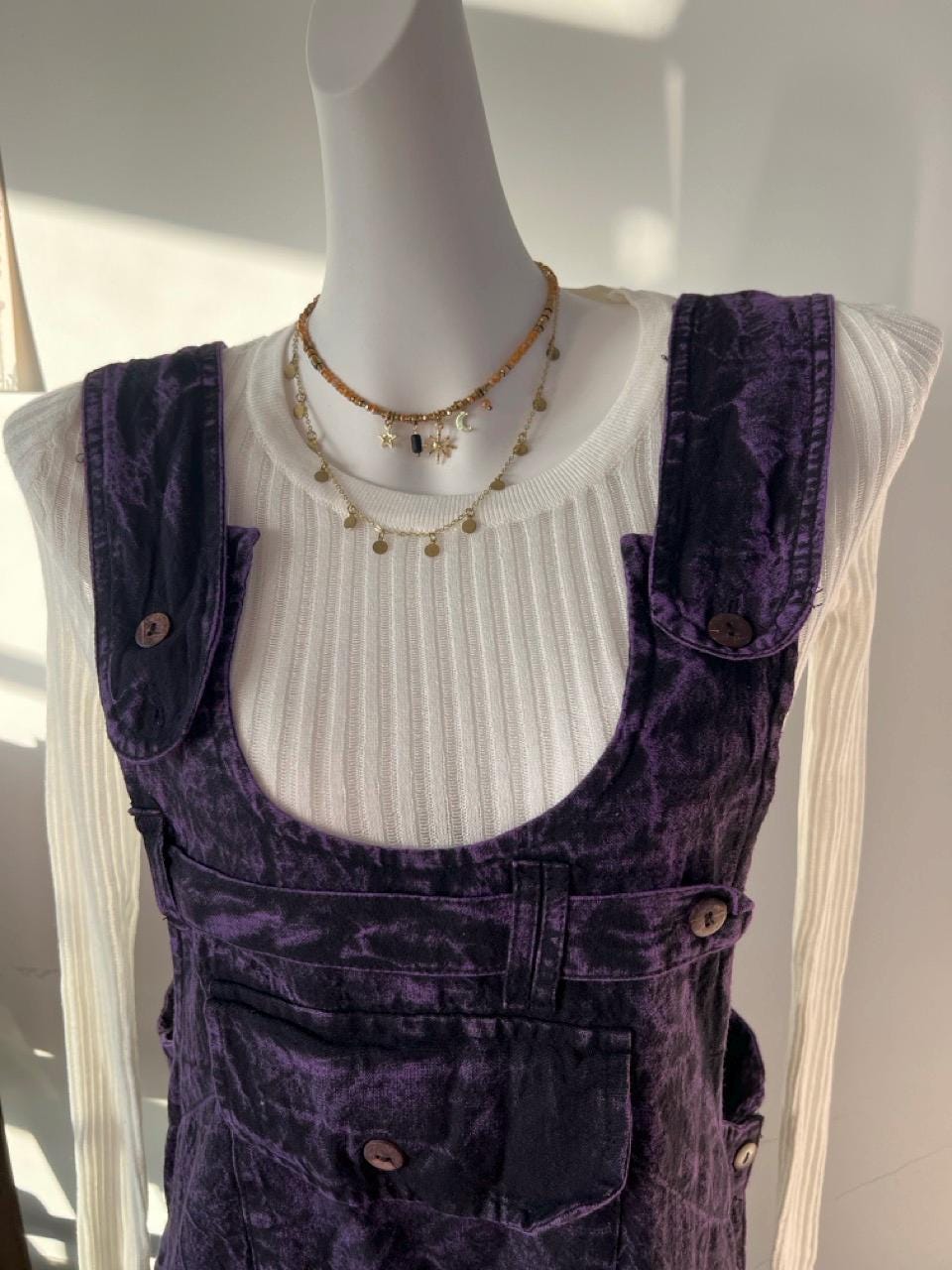 Purple Boho Overalls Dress | Handmade Tie-Dye Cotton Jumpsuit | Hippie Vintage Maxi Dress for Women