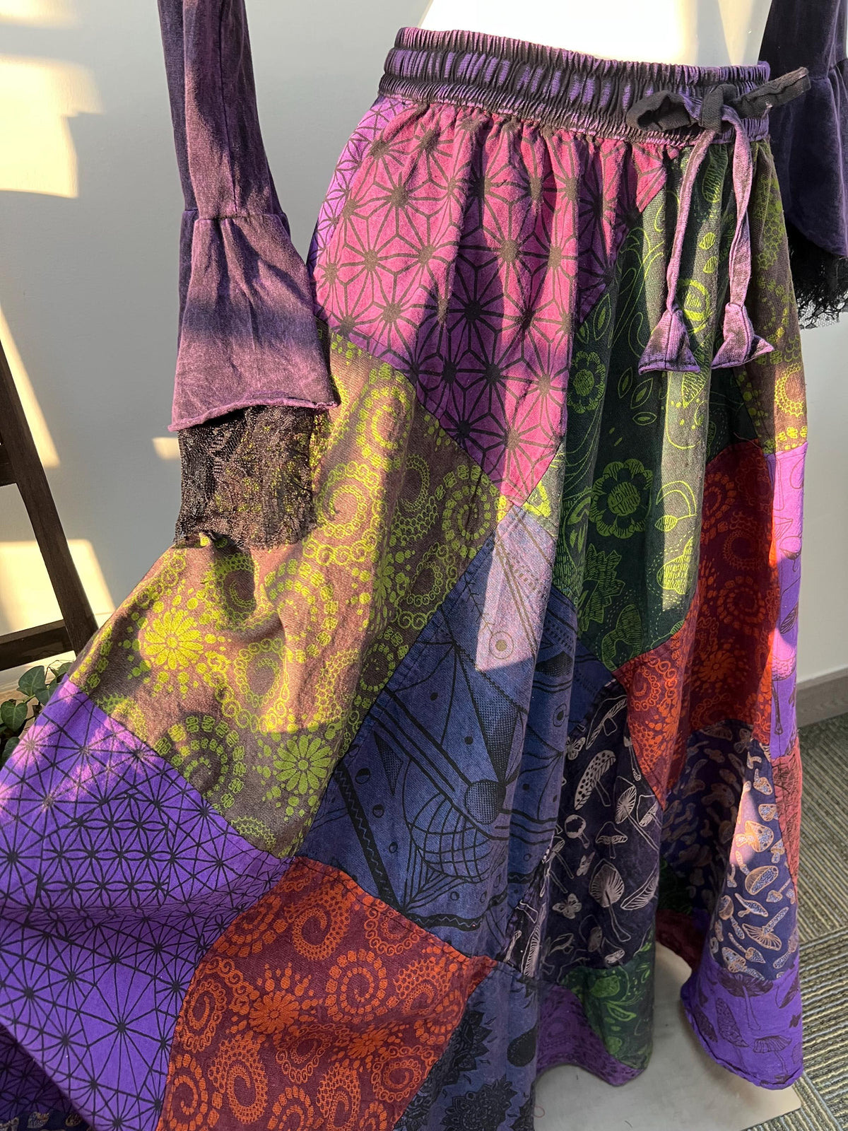 Handmade Patchwork Cotton Maxi Skirt | Whimsical Mushroom Print, Bohemian Festival Wear