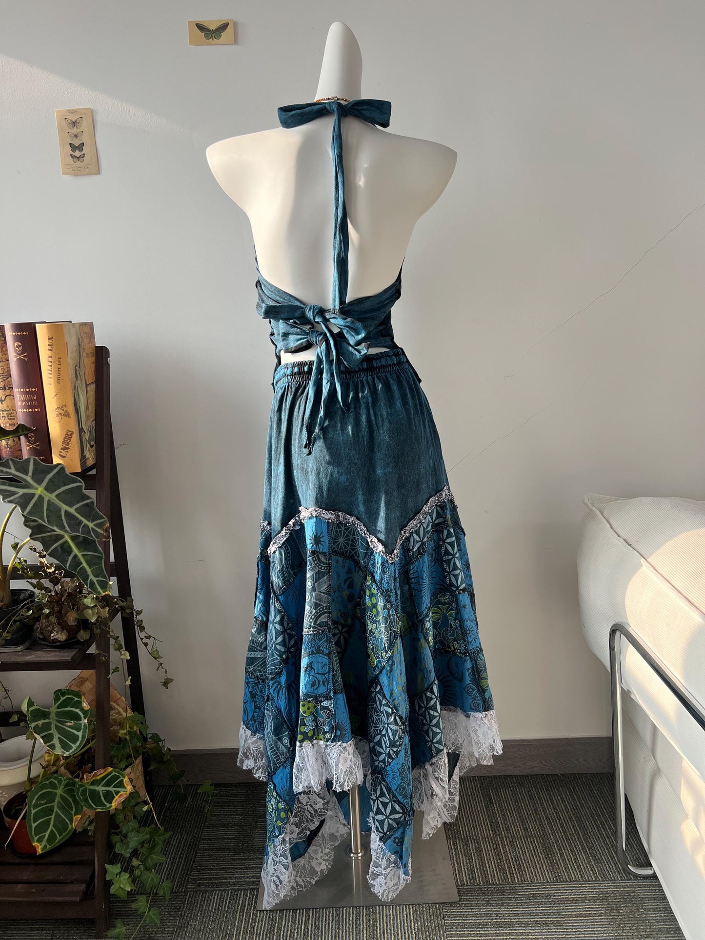 Plant Dyed Patchwork Maxi Dress, Asymmetric Boho Two Piece Outfit, Embroidered Lace Trim