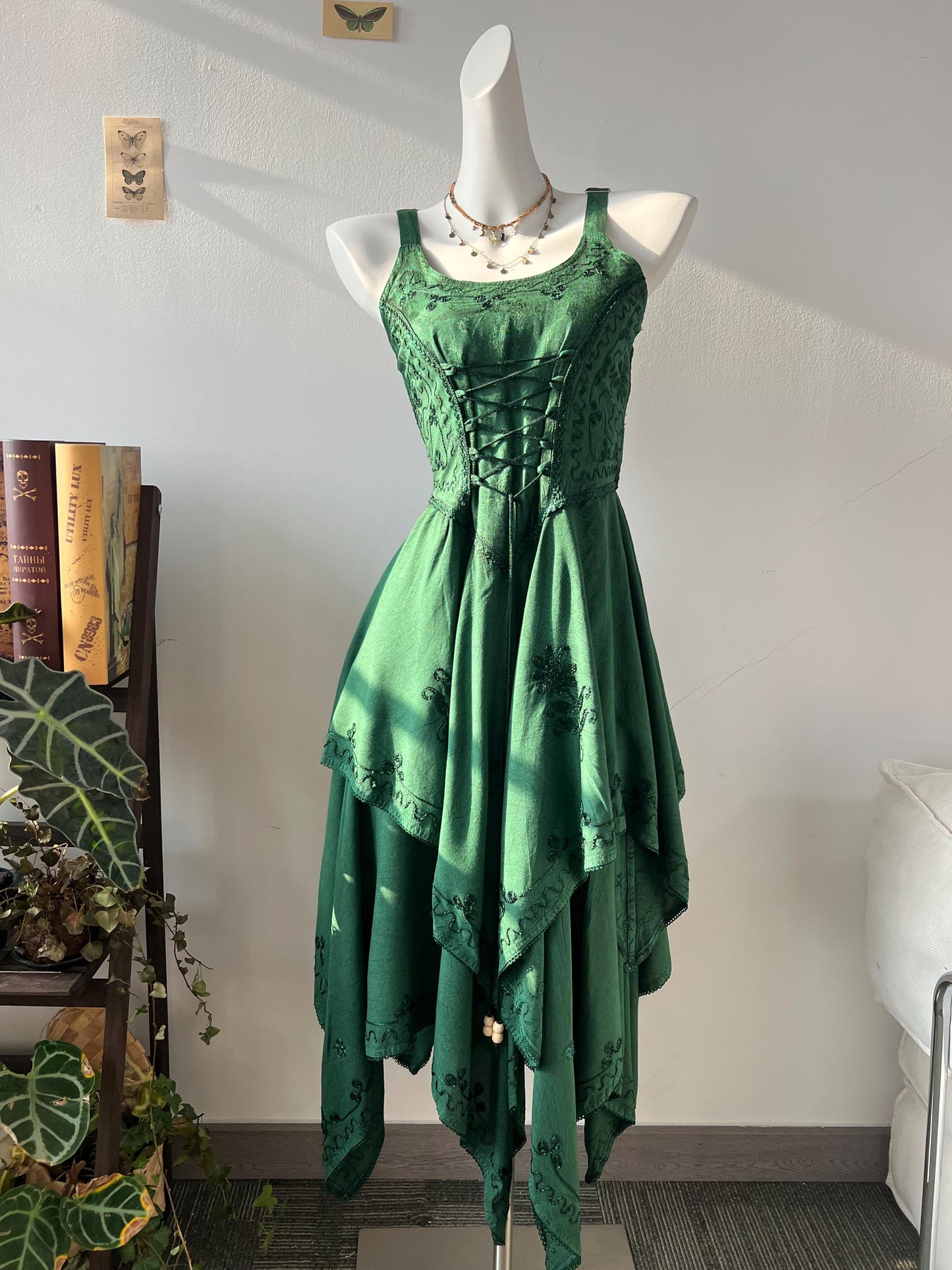 Plant Dyed Asymmetrical Maxi Dress | Corset Front Tie, Shirred Back, Boho Embroidery