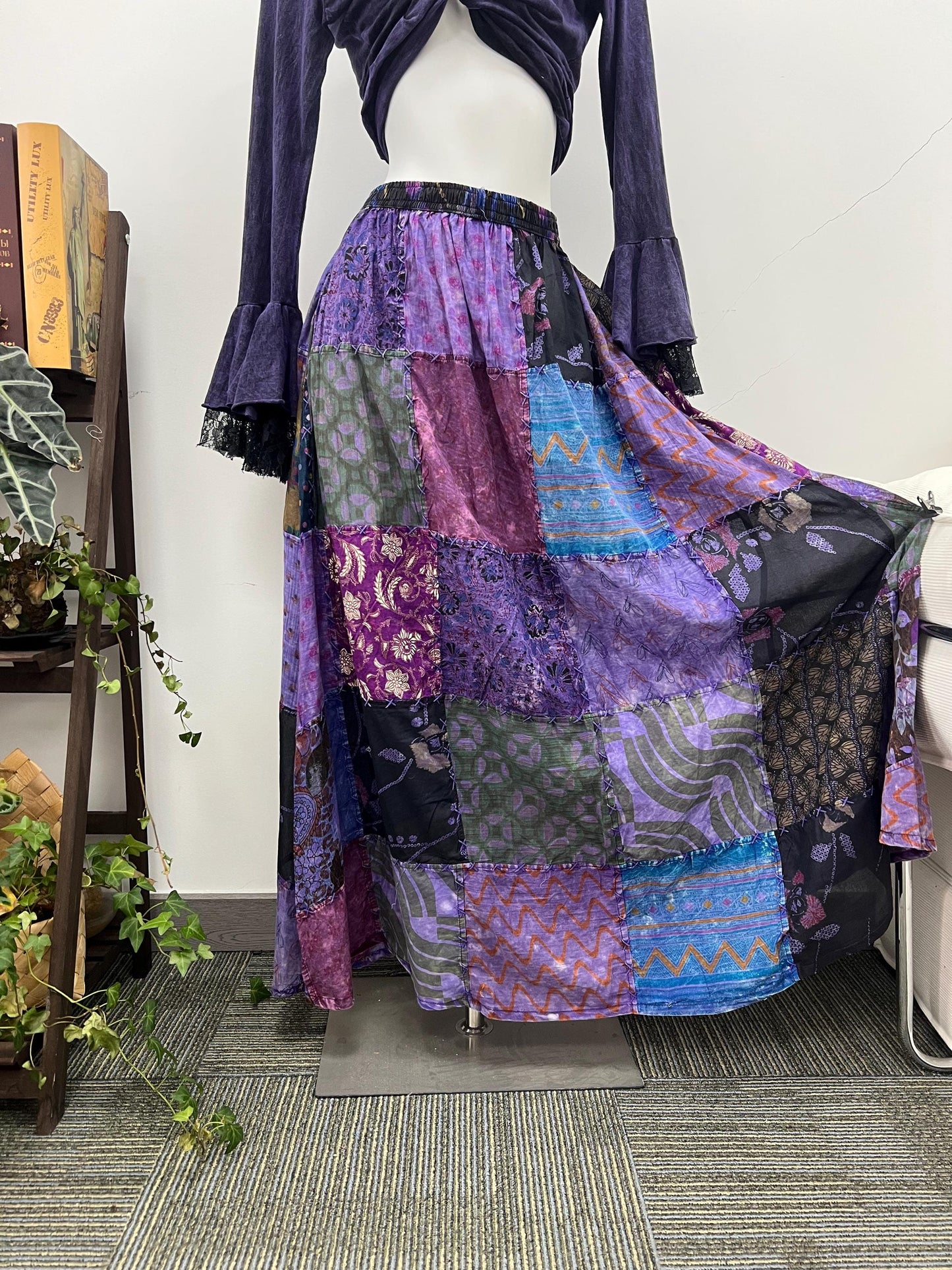Boho Chic Patchwork Skirt, Handmade Cotton Maxi Skirt, Purple Blue Floral Midi Skirt with Crochet Sleeves