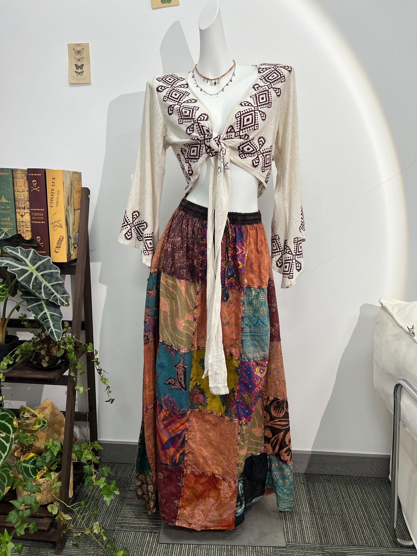 Hand Block Printed Linen Blouse, Boho Flared Sleeve Top, Artisan Made Summer Clothing