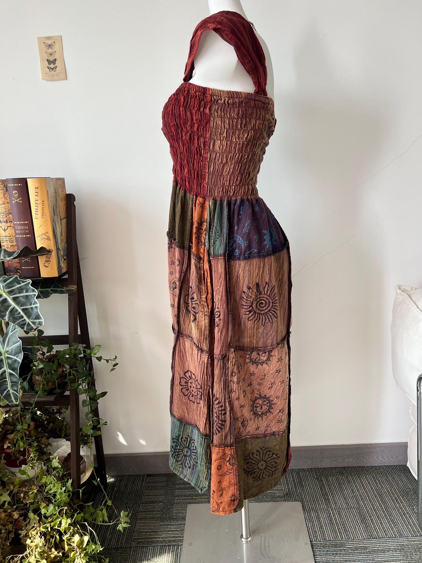Patchwork Maxi Dress, Smocked Waist, Tie Front, Festival Boho Style