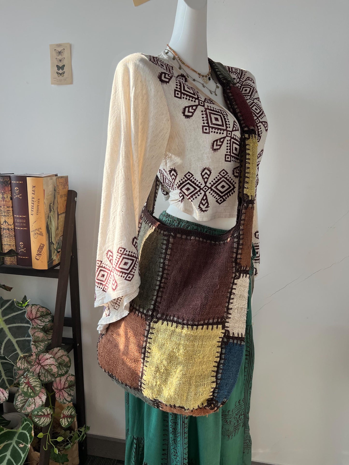 Patchwork Hemp Tote Bag, Boho Shoulder Bag, Sustainable Jute Purse, Artistic Everyday Carryall