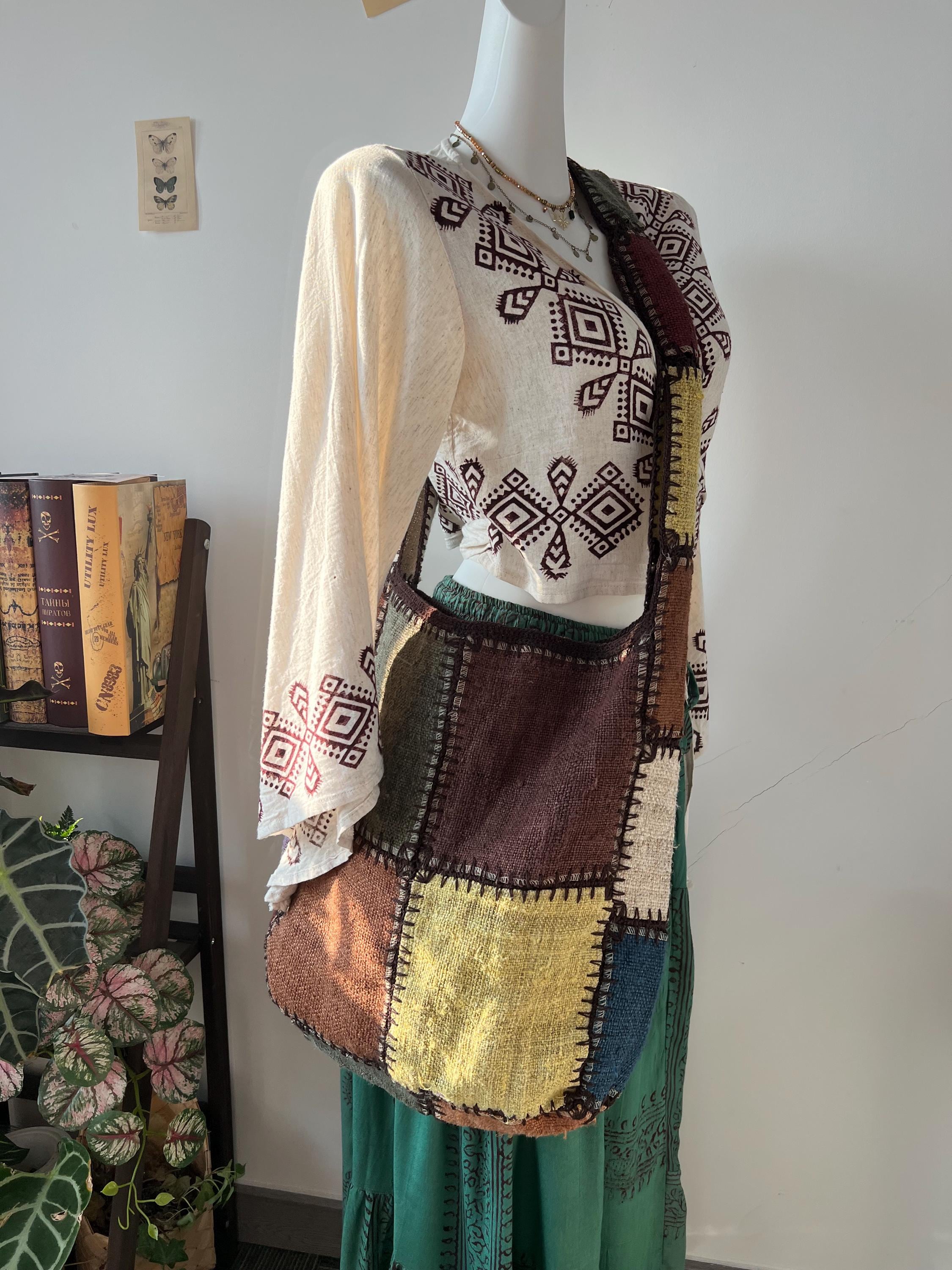 Patchwork Hemp Tote Bag, Boho Shoulder Bag, Sustainable Jute Purse, Artistic Everyday Carryall