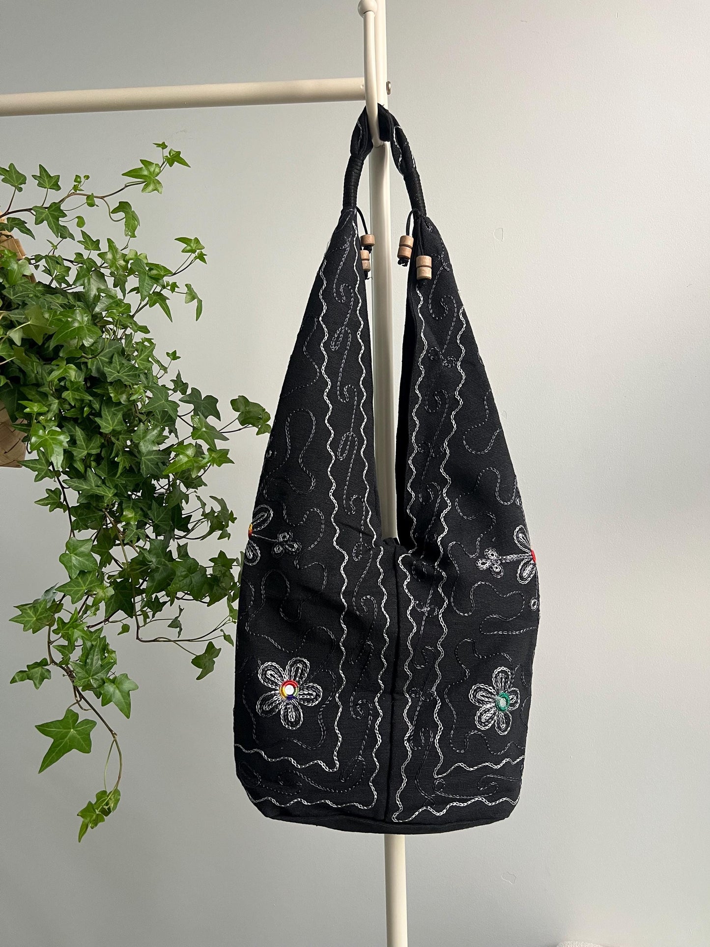 Black Folk Art Floral Shoulder Bag, Embroidered Wooden Ring Tote