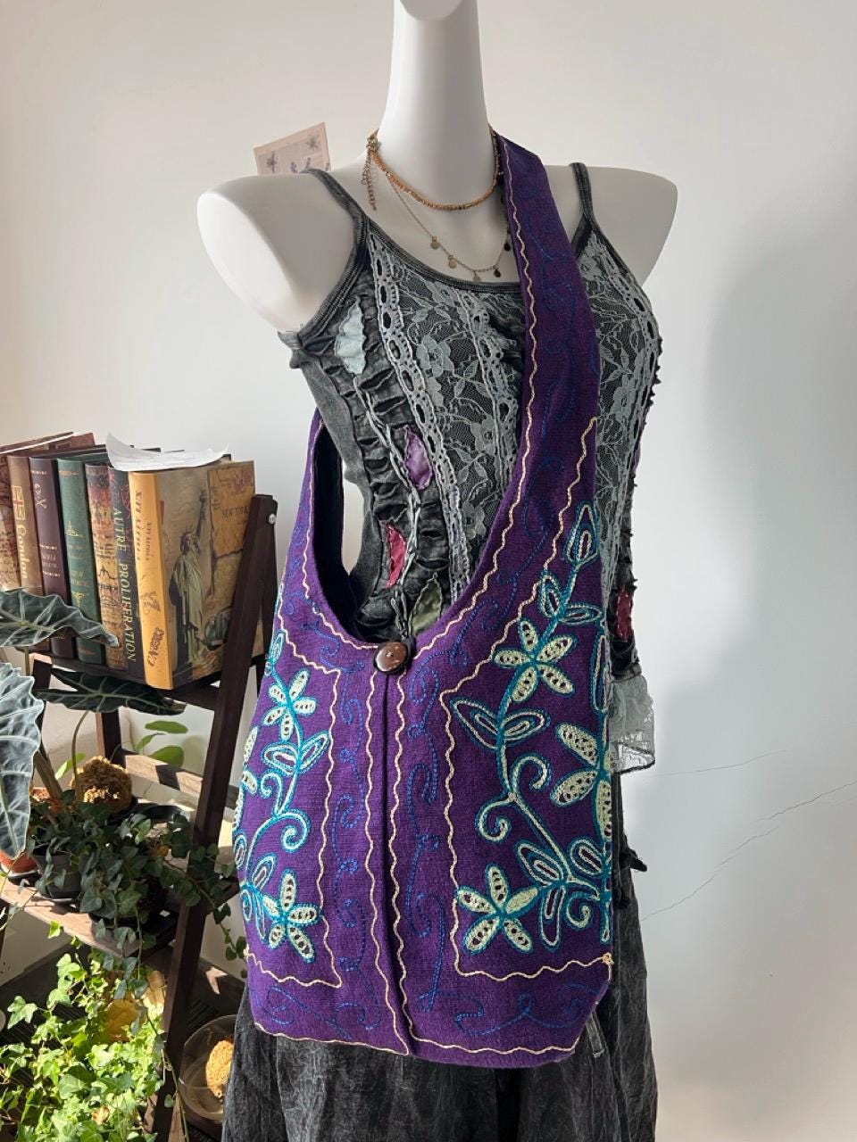 Hand Embroidered Purple Floral Boho Crossbody Bag, Ethnic Linen Cotton Purse