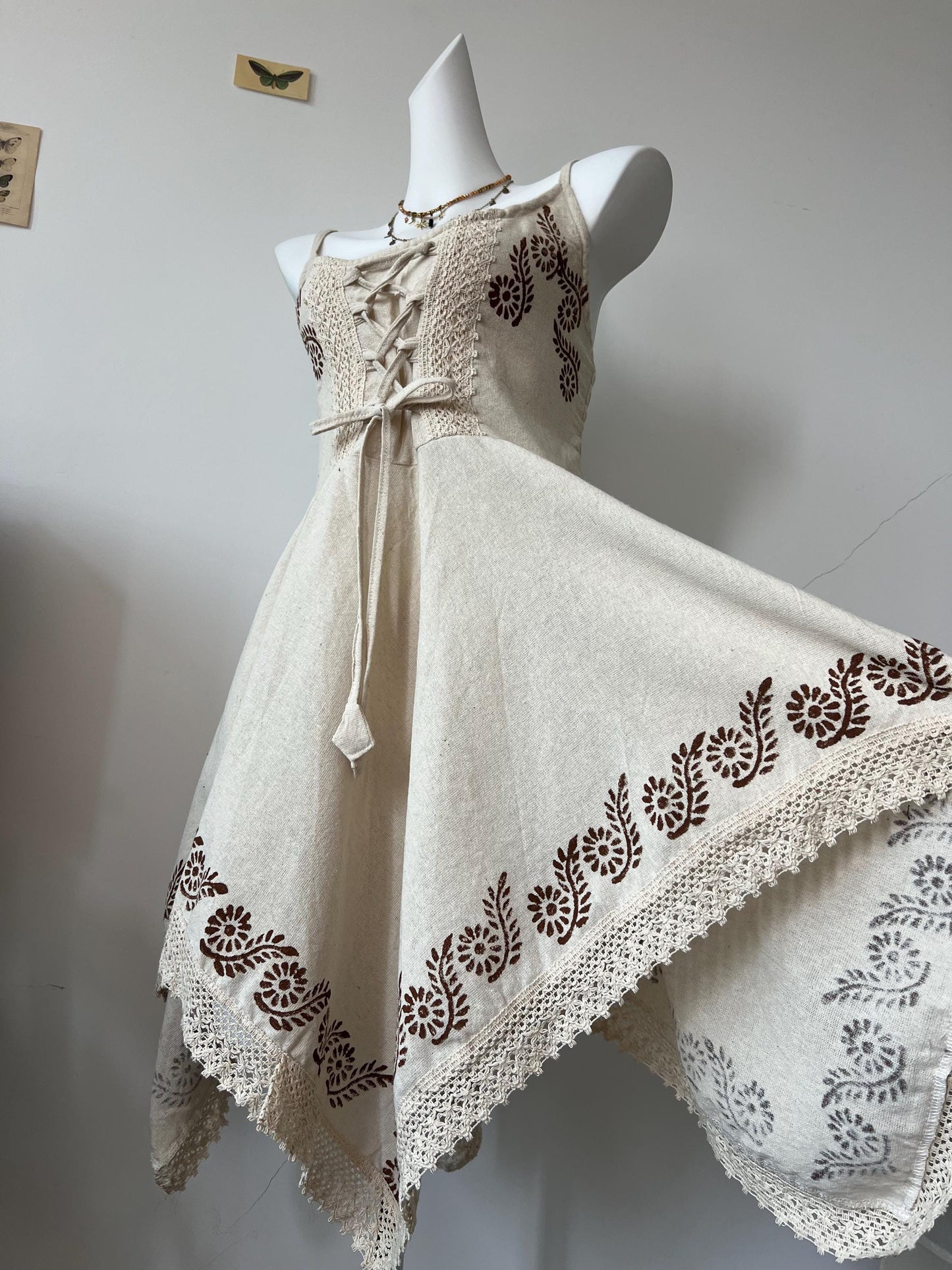 Boho Floral Print Lace Trim Sundress, Adjustable Tie-Front Linen Slip Dress