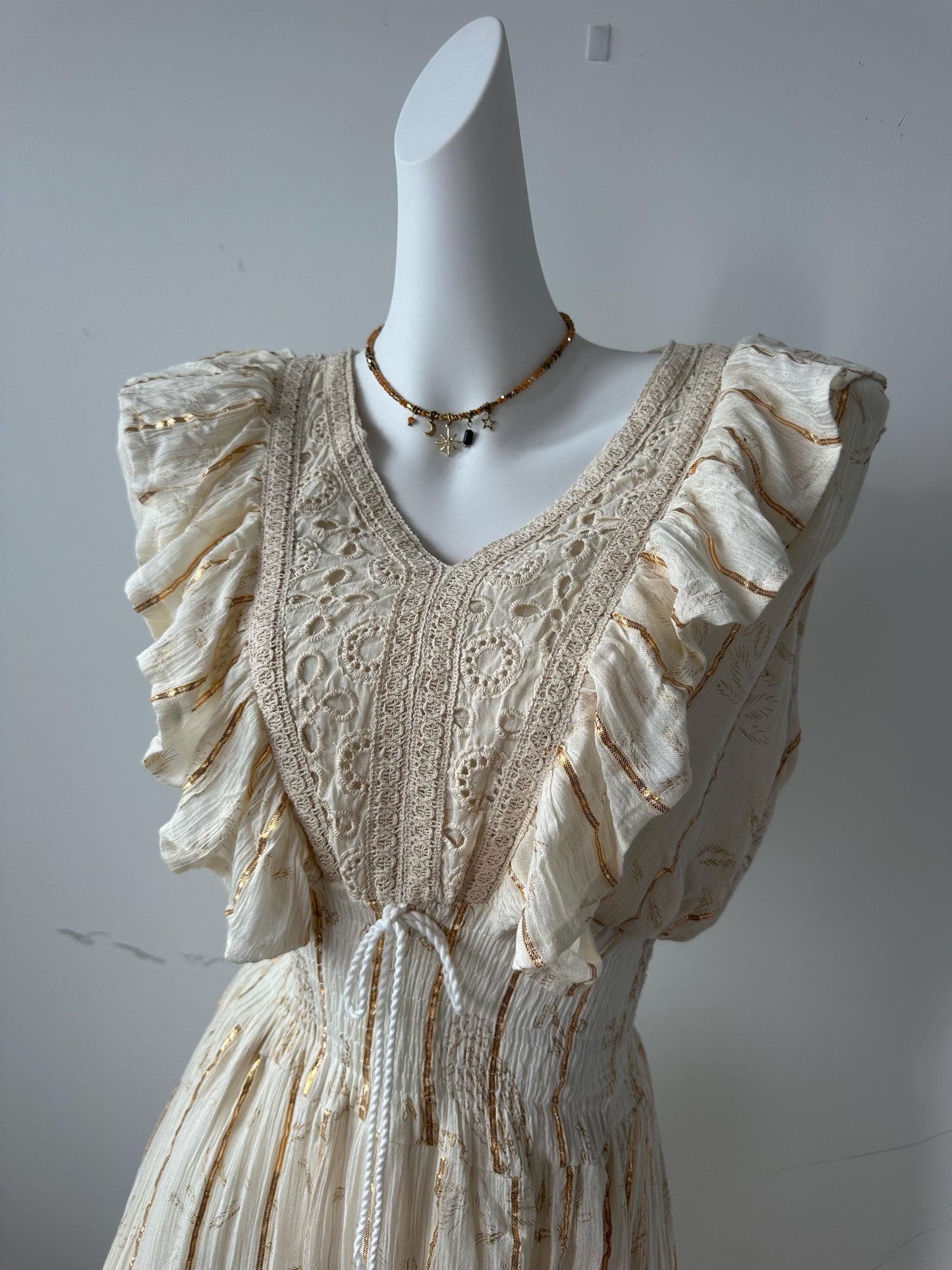 Bohemian Embroidered Cotton Maxi Dress – Lace Trimmed V-Neck Summer Beach Vacation