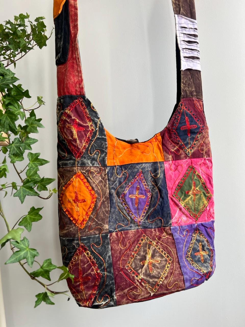 Patchwork Shoulder Bag, Boho Folk Embroidery Purse, Colorful Cotton Crossbody Bag