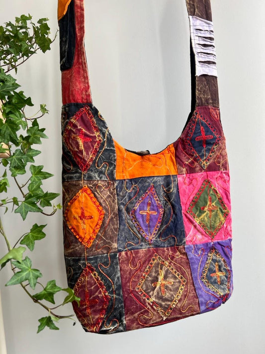 Patchwork Shoulder Bag, Boho Folk Embroidery Purse, Colorful Cotton Crossbody Bag