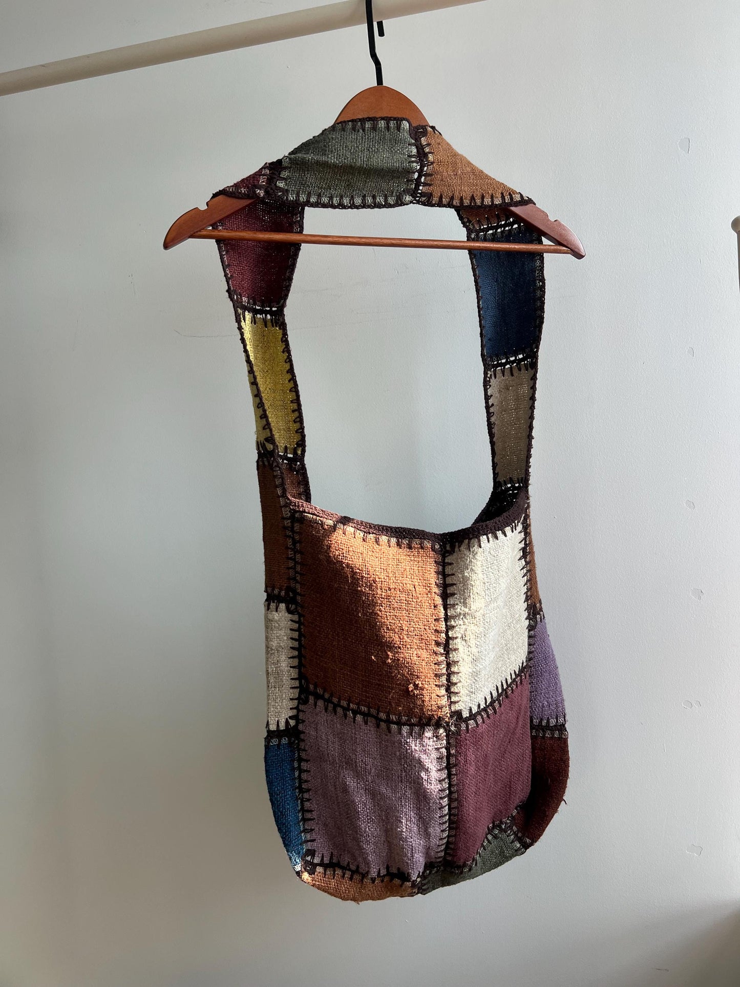 Patchwork Hemp Tote Bag, Boho Shoulder Bag, Sustainable Jute Purse, Artistic Everyday Carryall