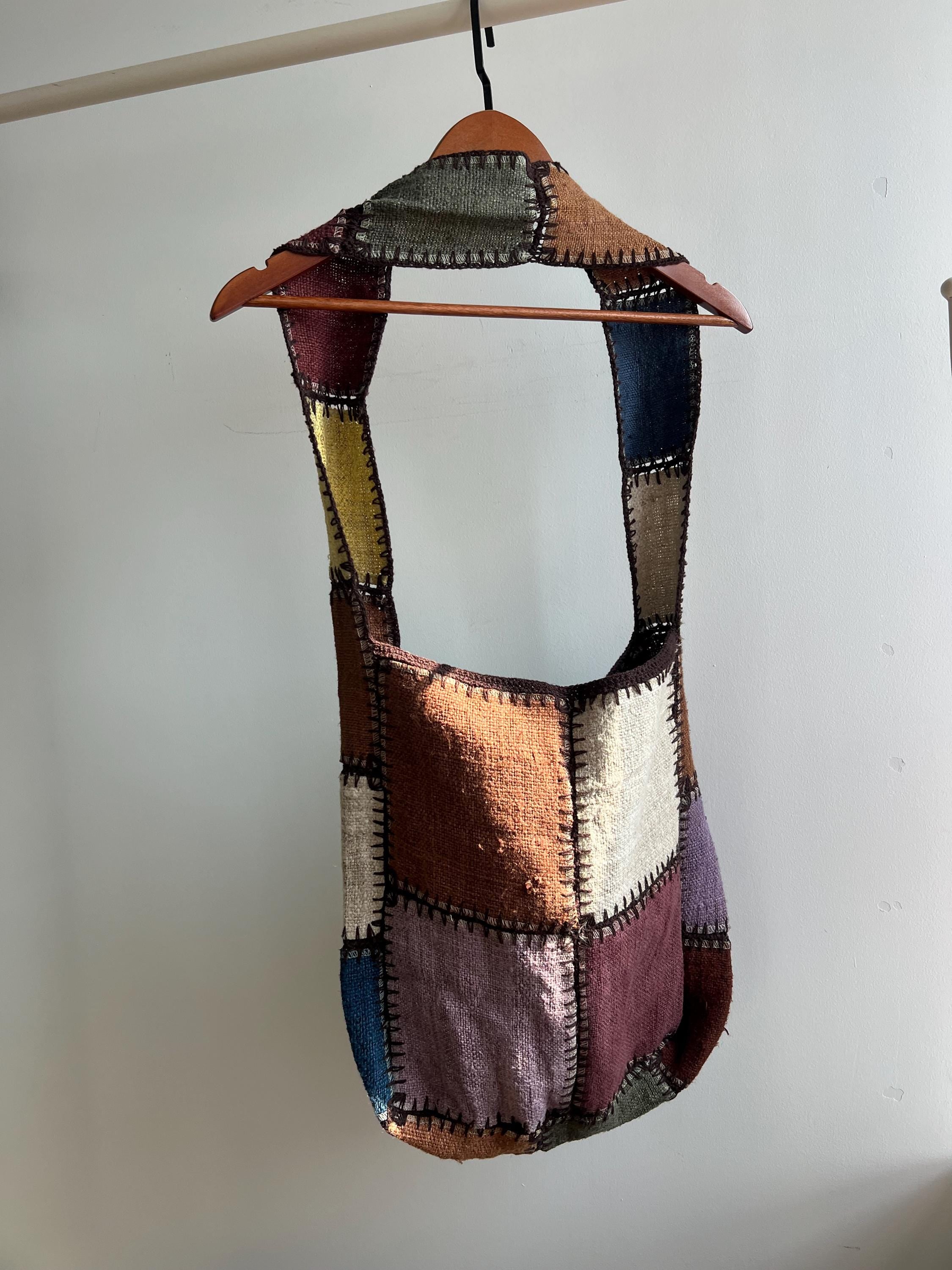 Patchwork Hemp Tote Bag, Boho Shoulder Bag, Sustainable Jute Purse, Artistic Everyday Carryall