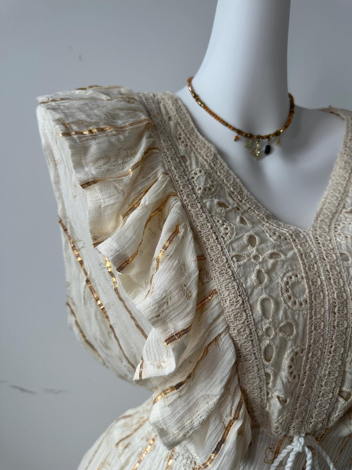 Bohemian Embroidered Cotton Maxi Dress – Lace Trimmed V-Neck Summer Beach Vacation