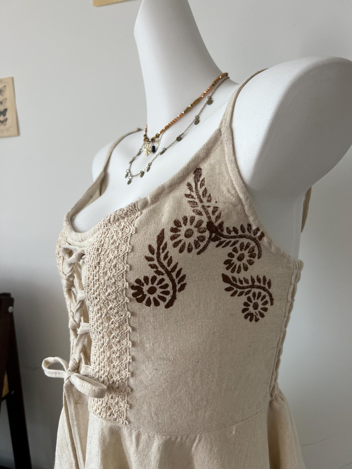 Boho Floral Print Lace Trim Sundress, Adjustable Tie-Front Linen Slip Dress