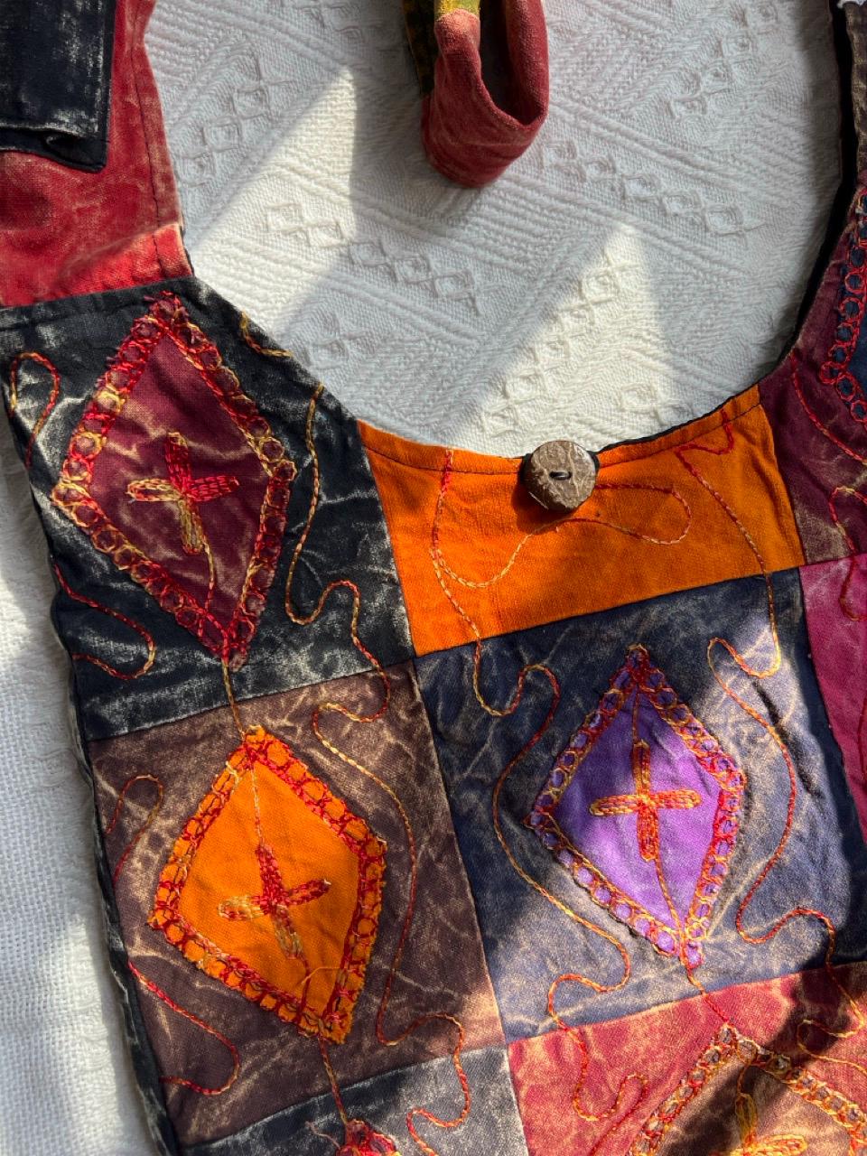 Patchwork Shoulder Bag, Boho Folk Embroidery Purse, Colorful Cotton Crossbody Bag