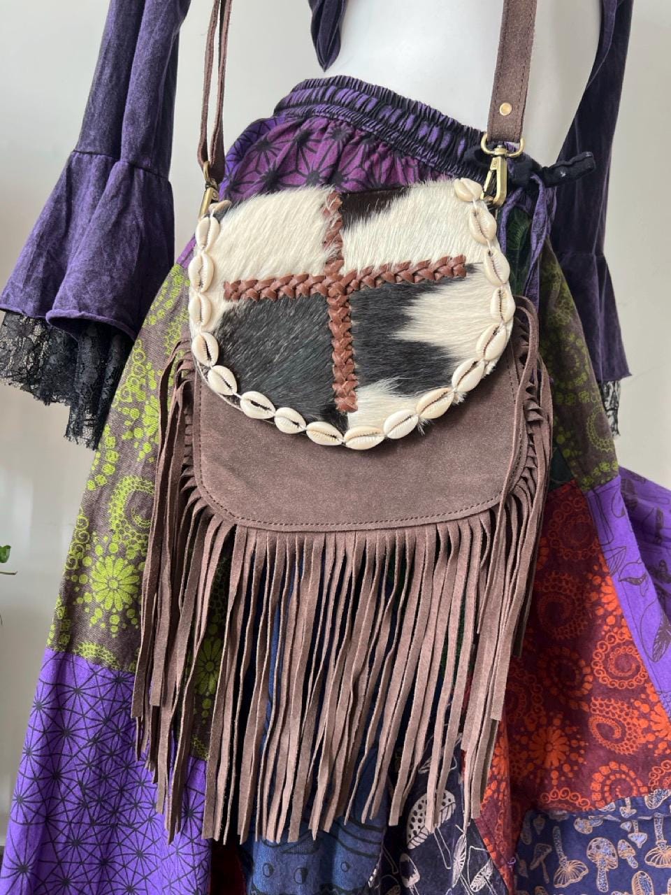 Handmade Boho Fringe Crossbody Bag, Animal Print Fur, Suede, Seashell Accents, Leather Purse