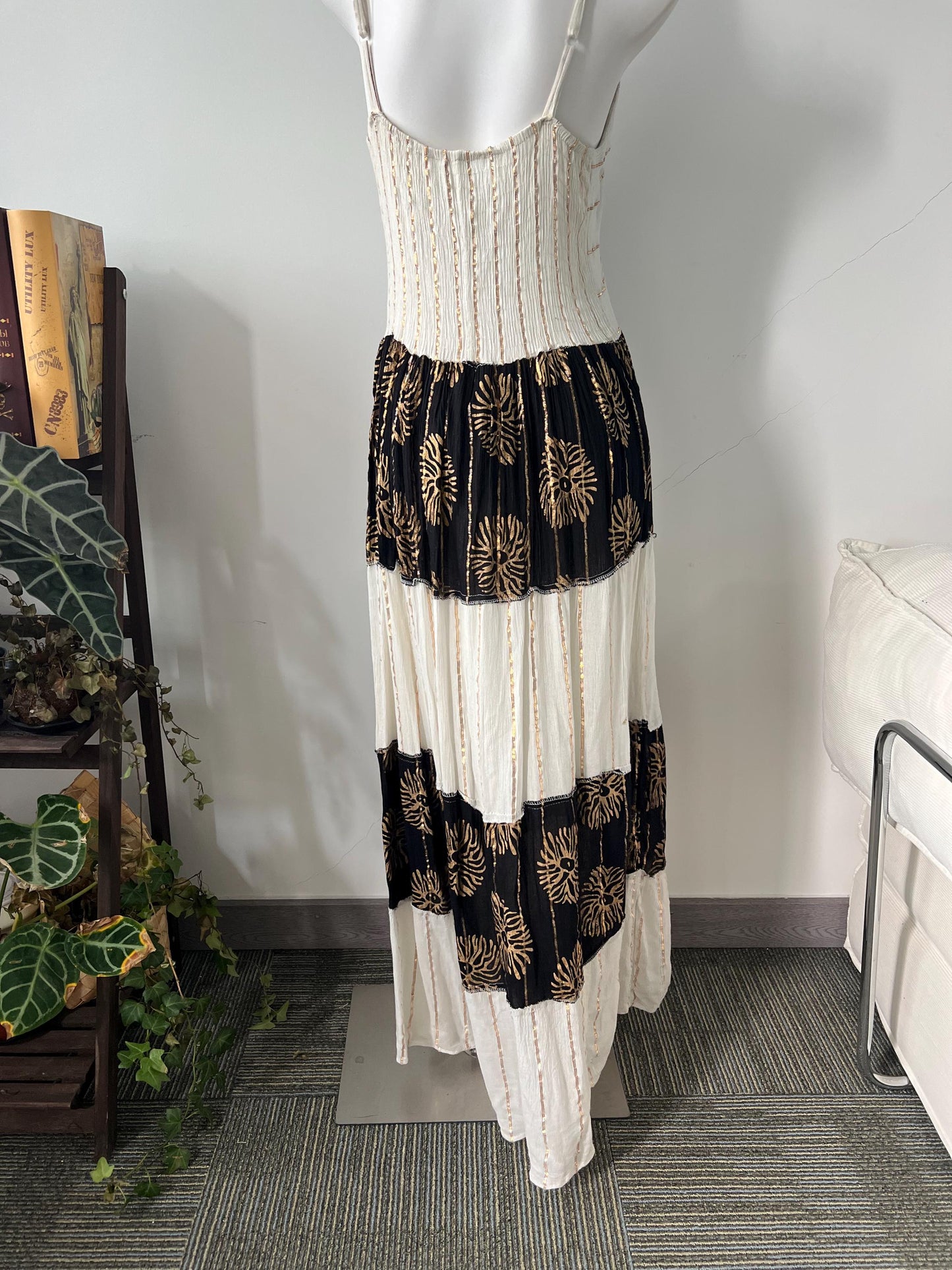 Hand Embroidered Cotton Maxi Dress, Black Floral Bodice, Layered Skirt, Boho Vacation Style