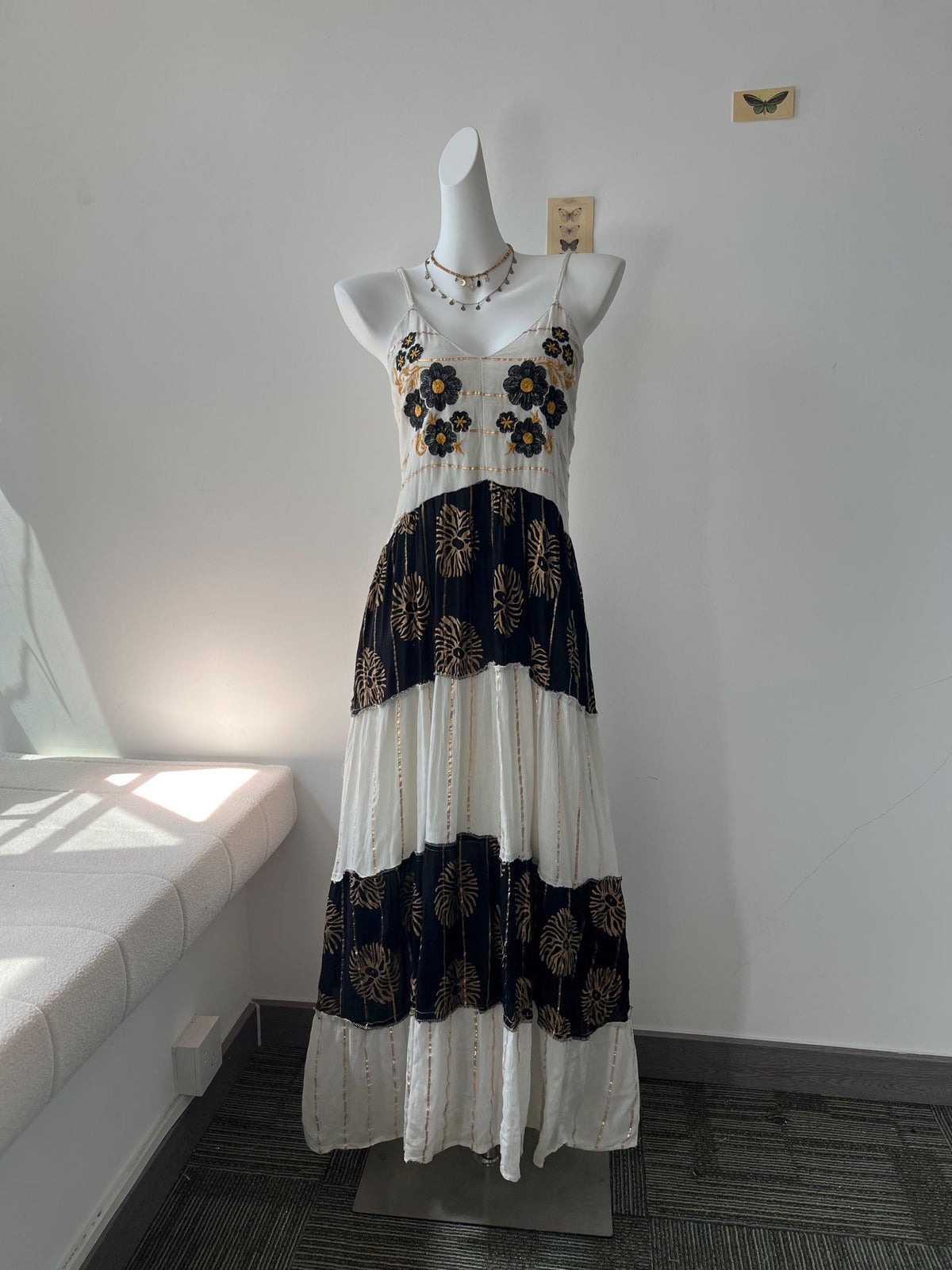 Hand Embroidered Cotton Maxi Dress, Black Floral Bodice, Layered Skirt, Boho Vacation Style