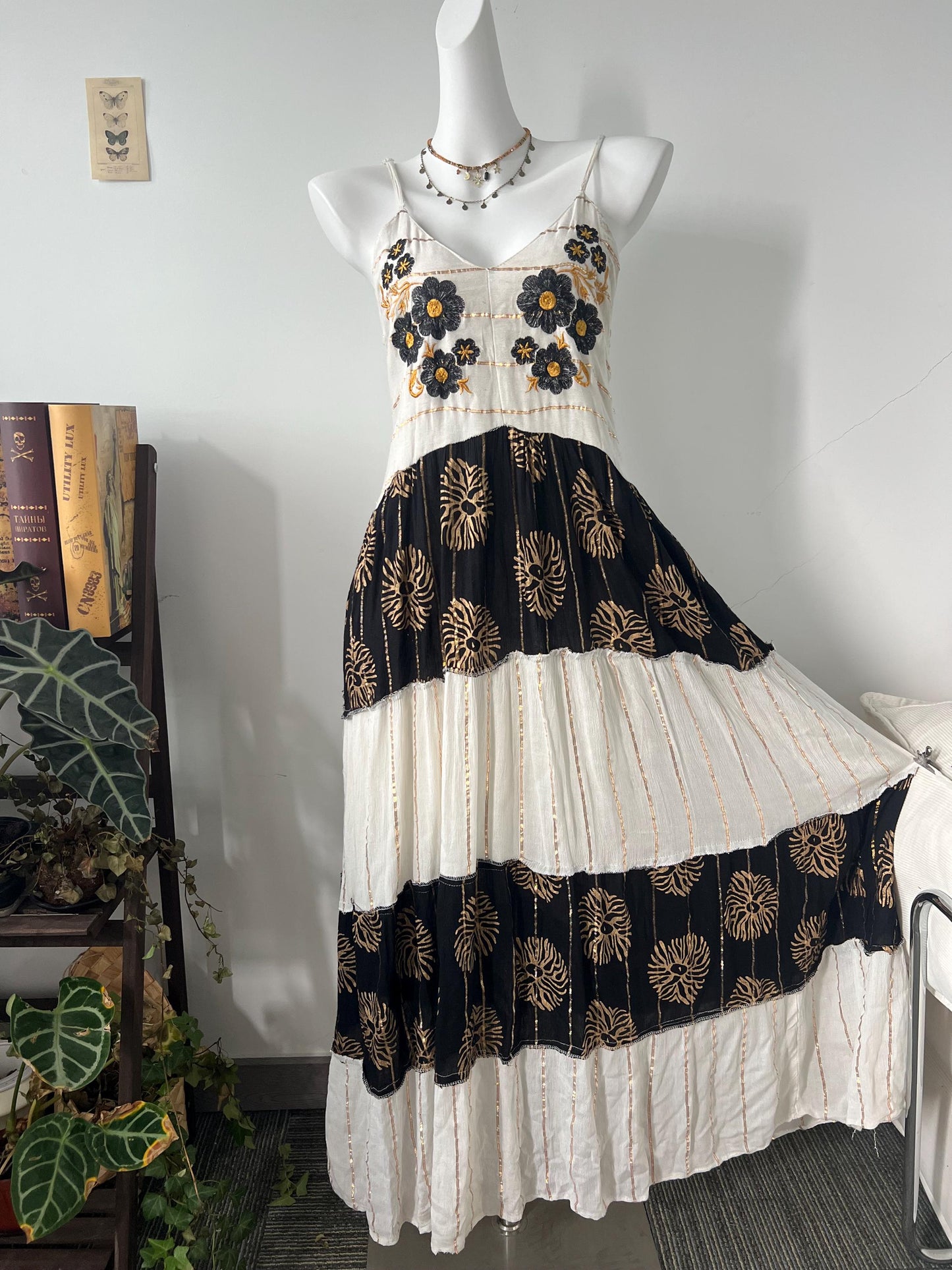 Hand Embroidered Cotton Maxi Dress, Black Floral Bodice, Layered Skirt, Boho Vacation Style