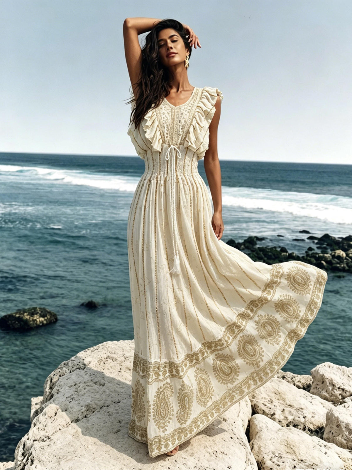 Bohemian Embroidered Cotton Maxi Dress – Lace Trimmed V-Neck Summer Beach Vacation