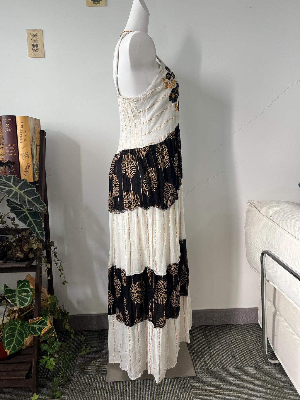 Hand Embroidered Cotton Maxi Dress, Black Floral Bodice, Layered Skirt, Boho Vacation Style