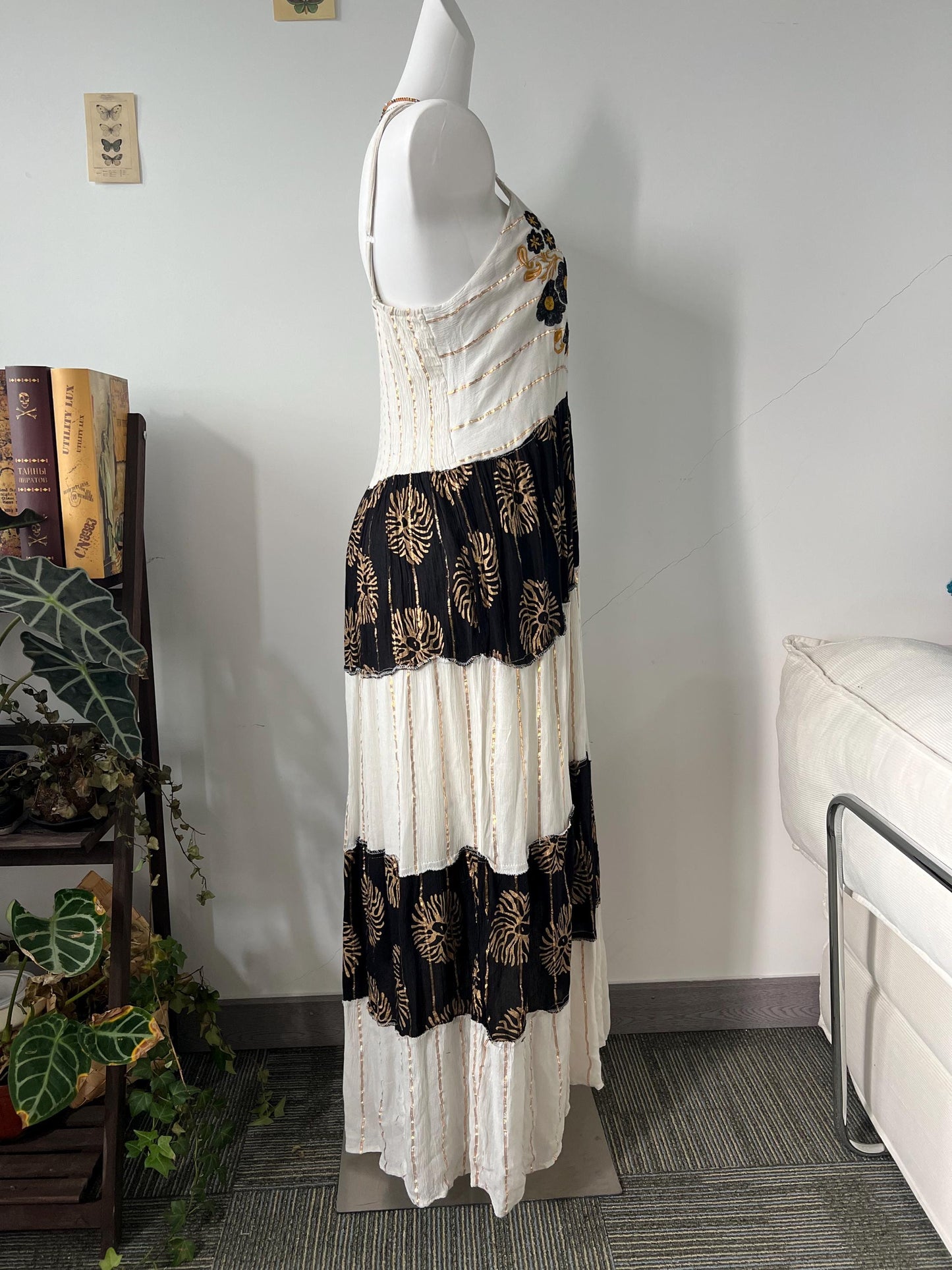 Hand Embroidered Cotton Maxi Dress, Black Floral Bodice, Layered Skirt, Boho Vacation Style