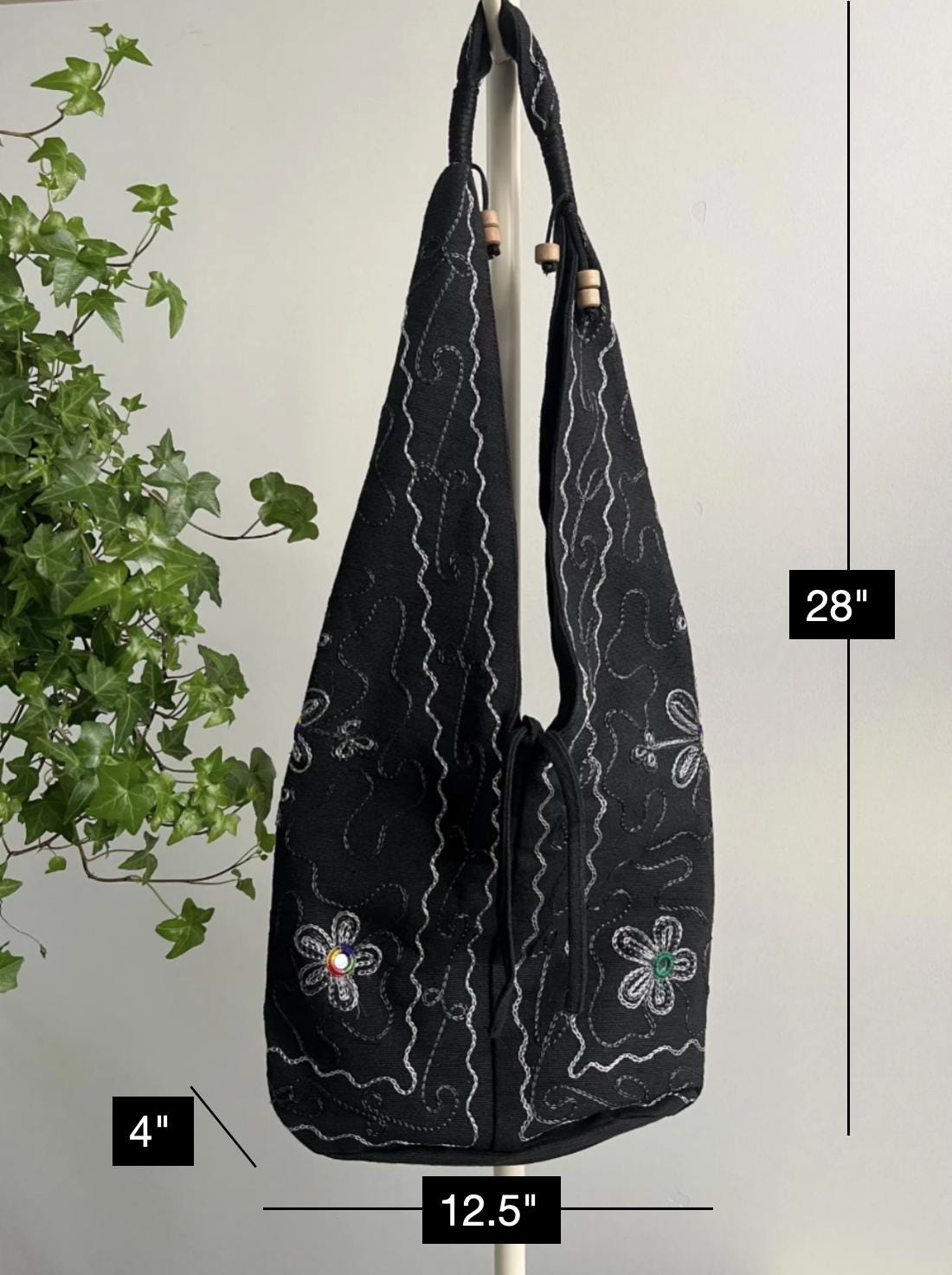 Black Folk Art Floral Shoulder Bag, Embroidered Wooden Ring Tote