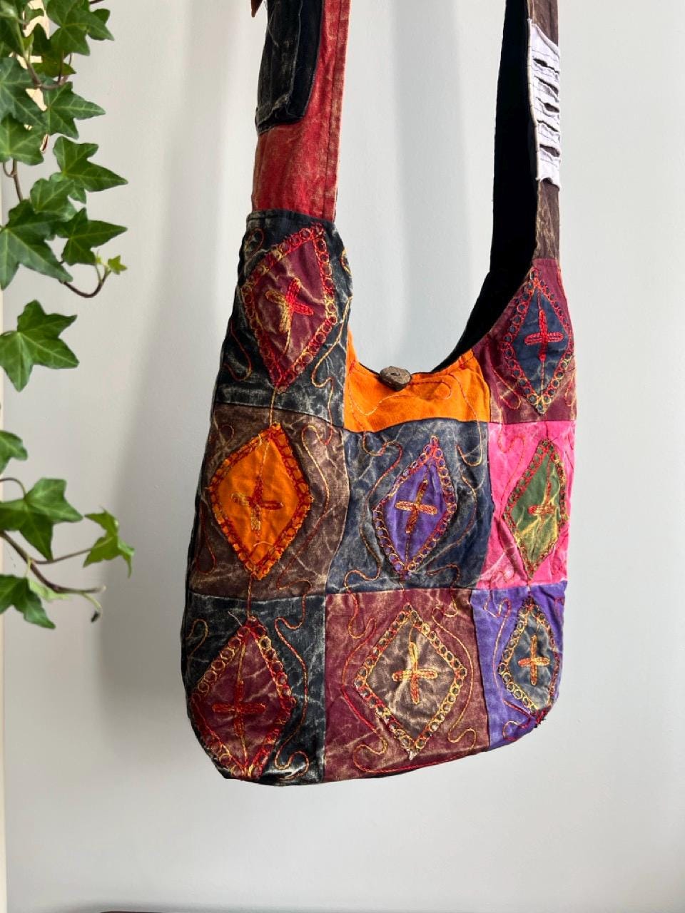Patchwork Shoulder Bag, Boho Folk Embroidery Purse, Colorful Cotton Crossbody Bag