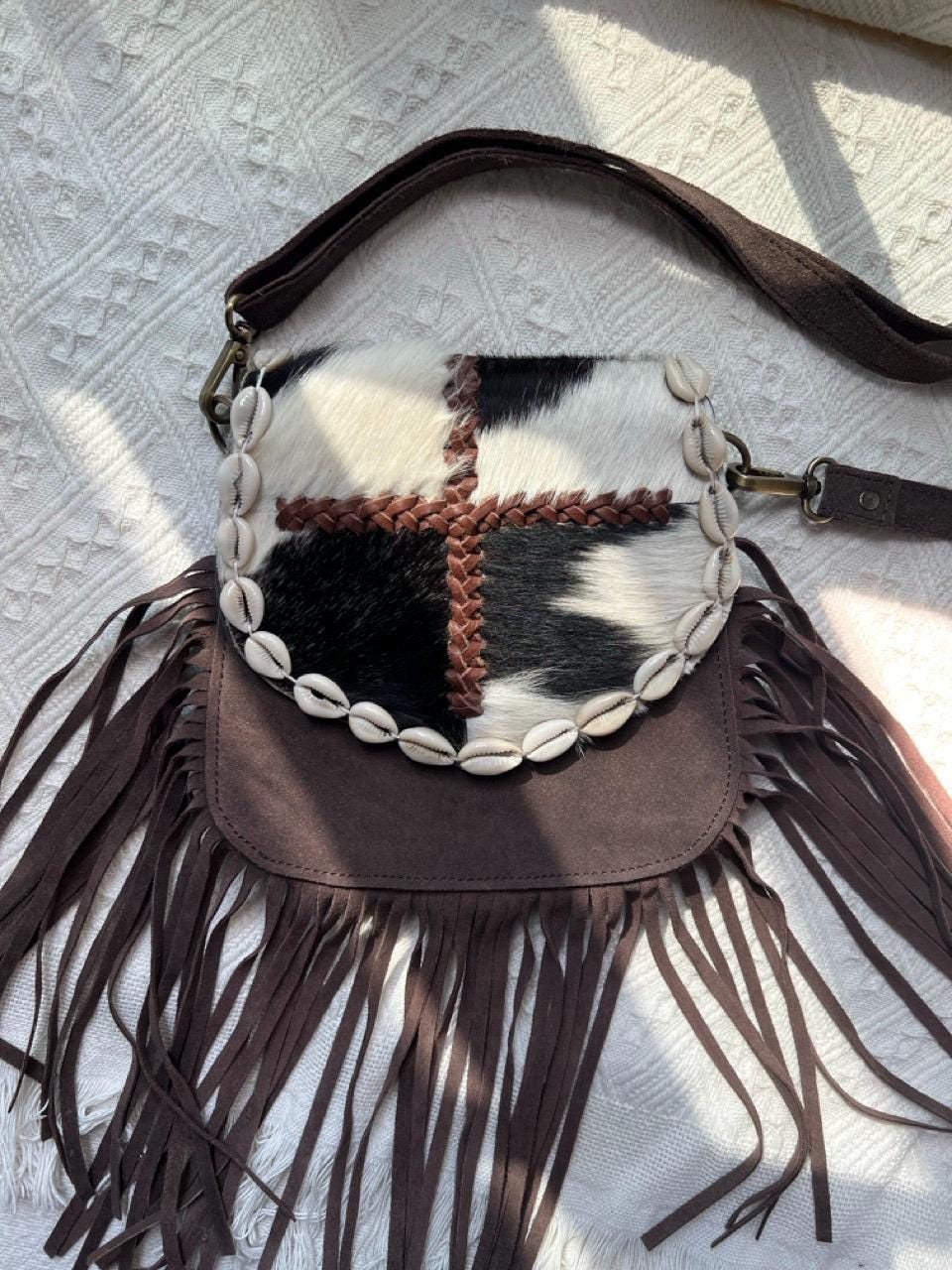 Handmade Boho Fringe Crossbody Bag, Animal Print Fur, Suede, Seashell Accents, Leather Purse