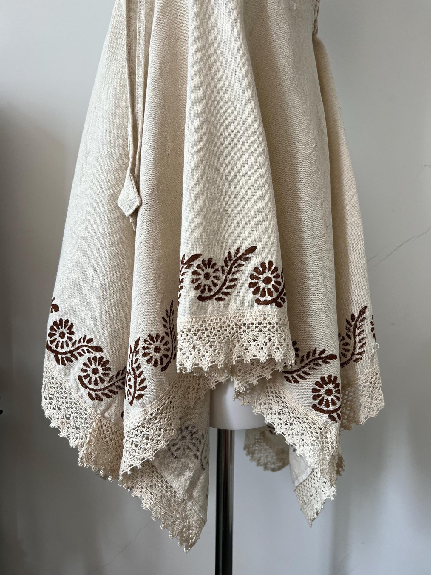 Boho Floral Print Lace Trim Sundress, Adjustable Tie-Front Linen Slip Dress