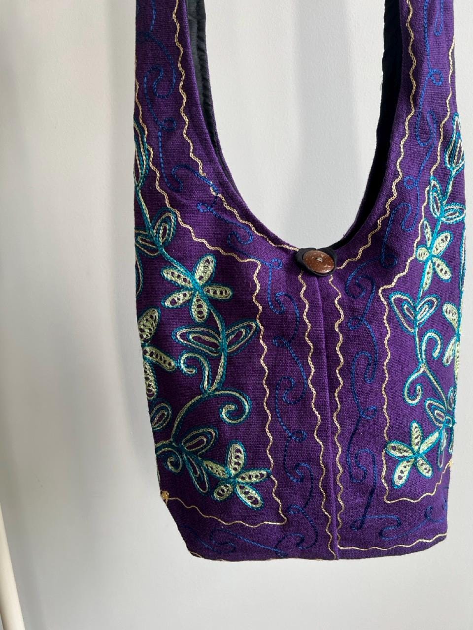 Hand Embroidered Purple Floral Boho Crossbody Bag, Ethnic Linen Cotton Purse