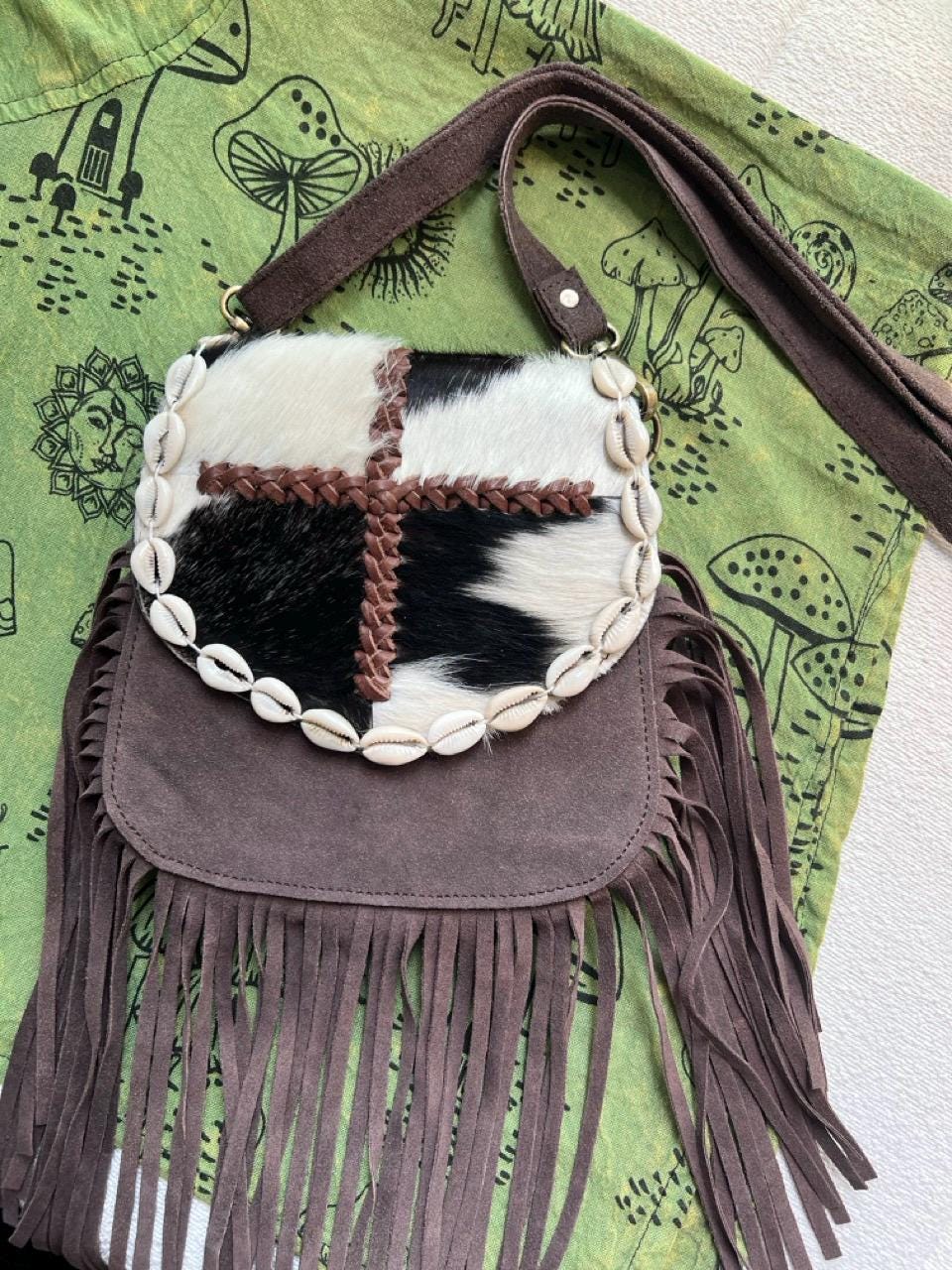 Handmade Boho Fringe Crossbody Bag, Animal Print Fur, Suede, Seashell Accents, Leather Purse