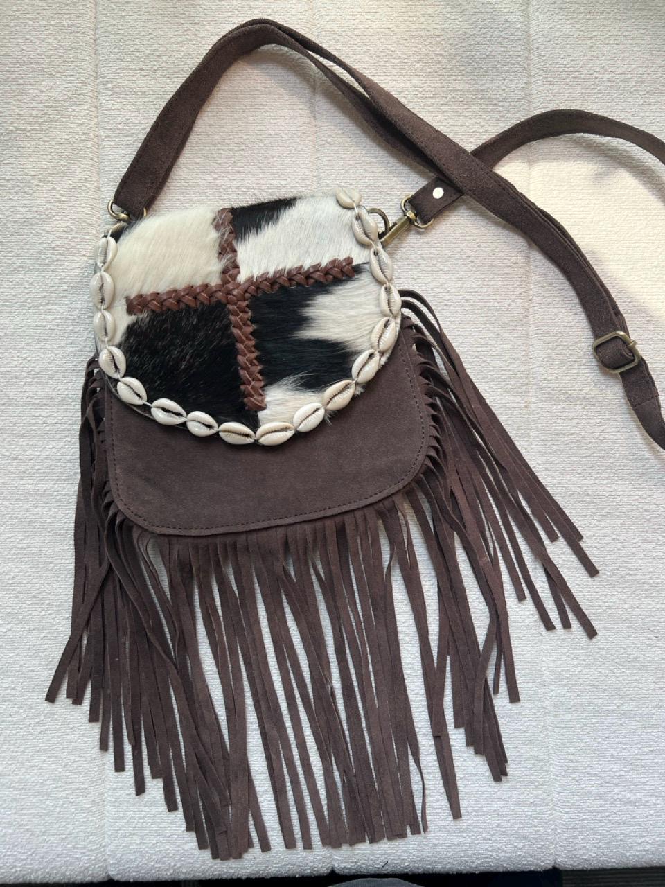 Handmade Boho Fringe Crossbody Bag, Animal Print Fur, Suede, Seashell Accents, Leather Purse
