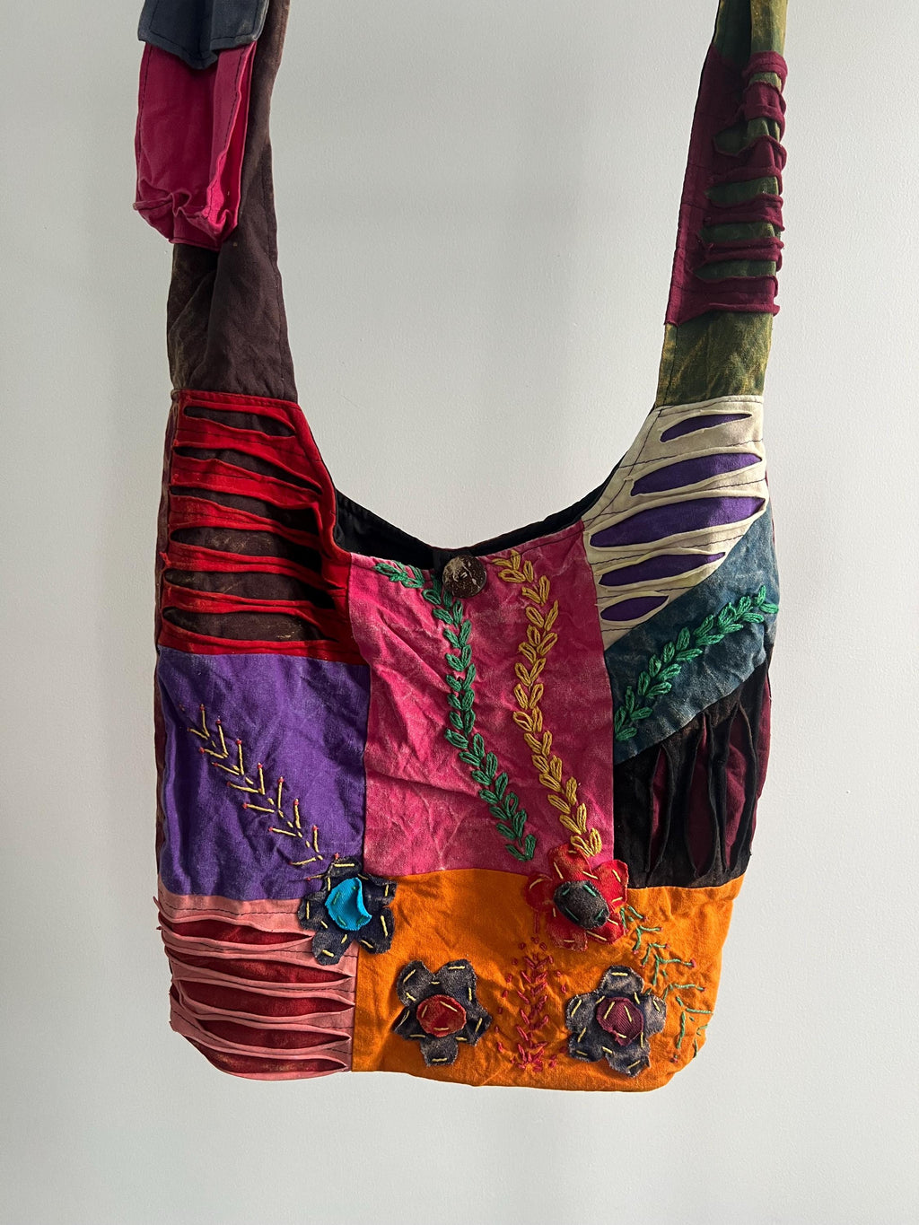 Handmade Patchwork Tote Bag – Colorful Boho Embroidery, Artsy Shoulder Bag