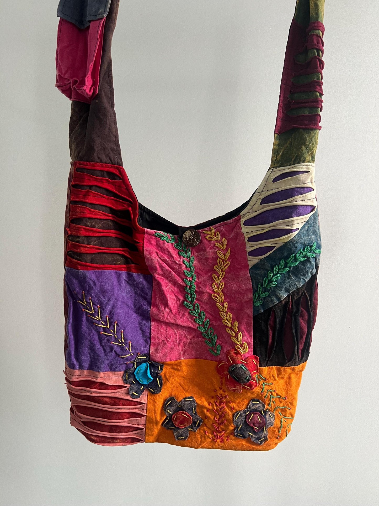 Handmade Patchwork Tote Bag – Colorful Boho Embroidery, Artsy Shoulder Bag