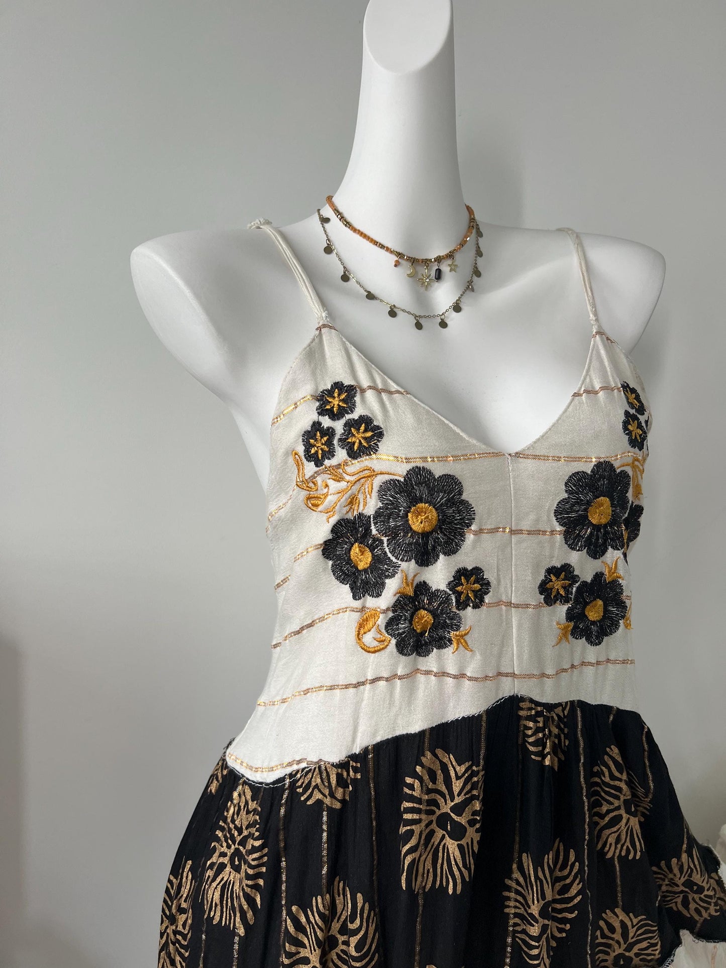 Hand Embroidered Cotton Maxi Dress, Black Floral Bodice, Layered Skirt, Boho Vacation Style