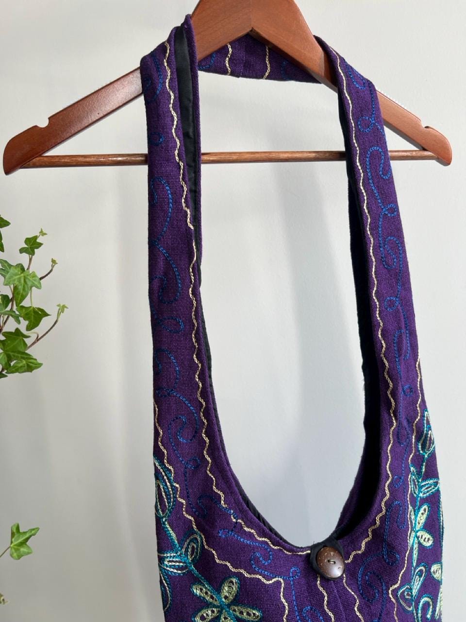 Hand Embroidered Purple Floral Boho Crossbody Bag, Ethnic Linen Cotton Purse
