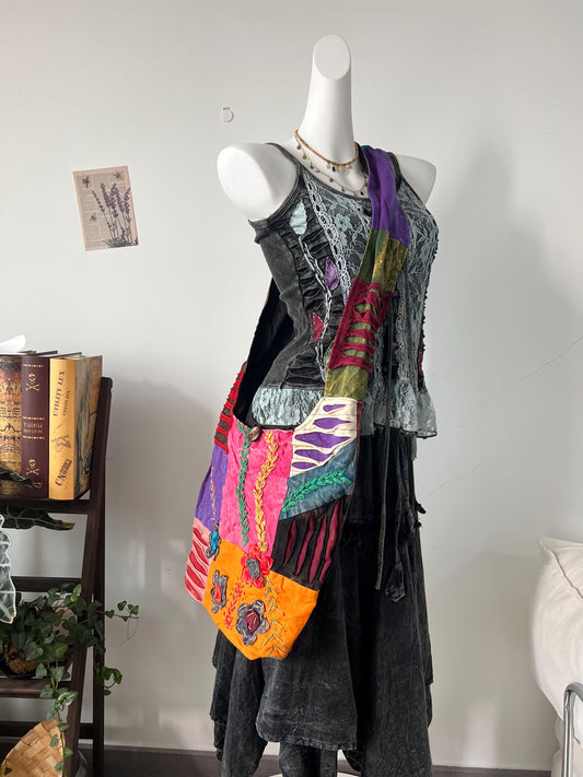 Handmade Patchwork Tote Bag – Colorful Boho Embroidery, Artsy Shoulder Bag