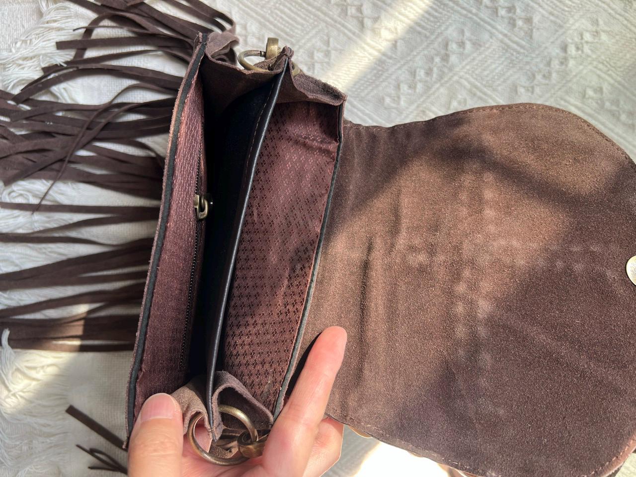 Handmade Boho Fringe Crossbody Bag, Animal Print Fur, Suede, Seashell Accents, Leather Purse