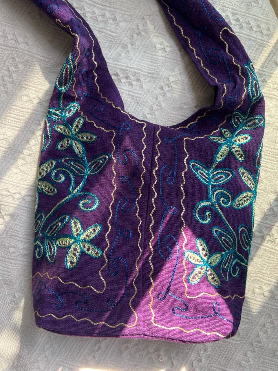 Hand Embroidered Purple Floral Boho Crossbody Bag, Ethnic Linen Cotton Purse