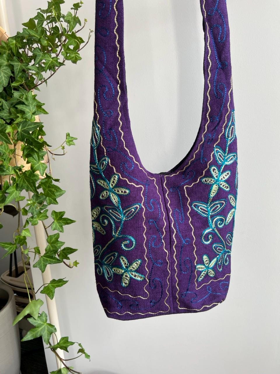 Hand Embroidered Purple Floral Boho Crossbody Bag, Ethnic Linen Cotton Purse