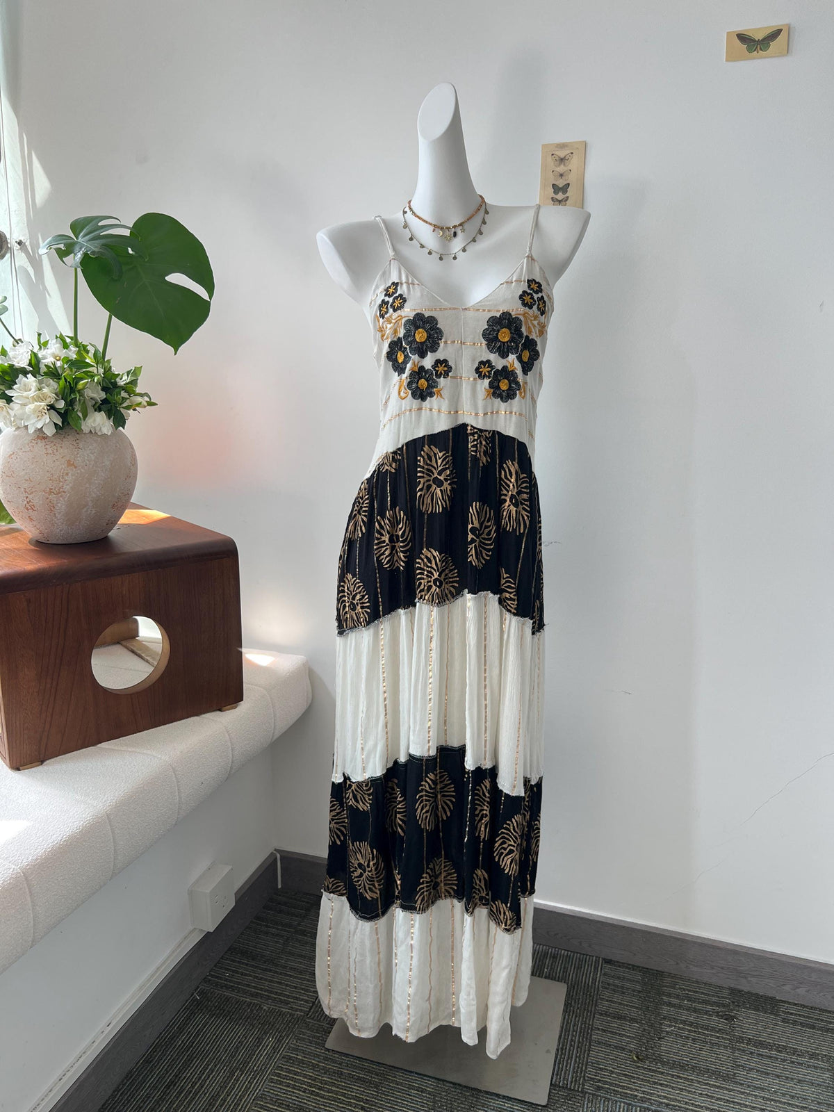 Hand Embroidered Cotton Maxi Dress, Black Floral Bodice, Layered Skirt, Boho Vacation Style