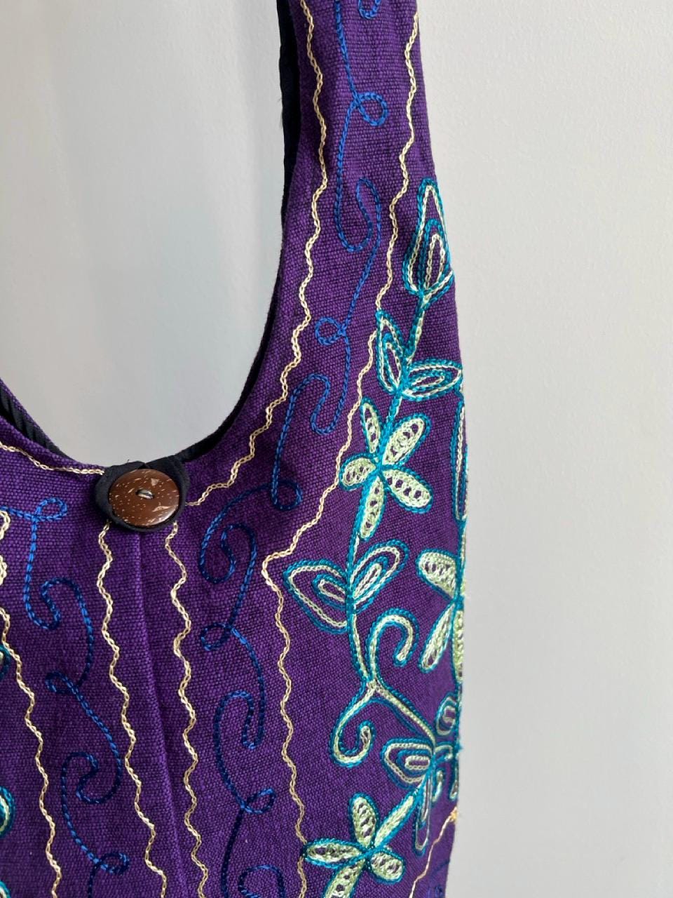 Hand Embroidered Purple Floral Boho Crossbody Bag, Ethnic Linen Cotton Purse
