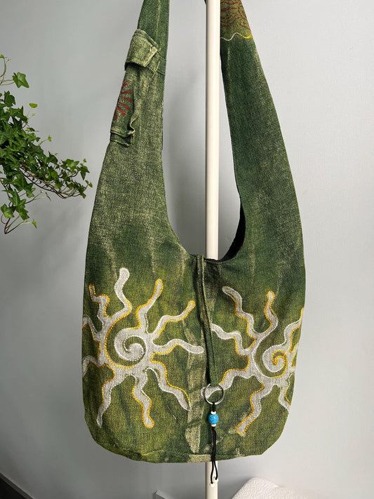 Hand Embroidered Sun Tote Bag – Boho Canvas Festival Beach Purse (Adjustable Strap)