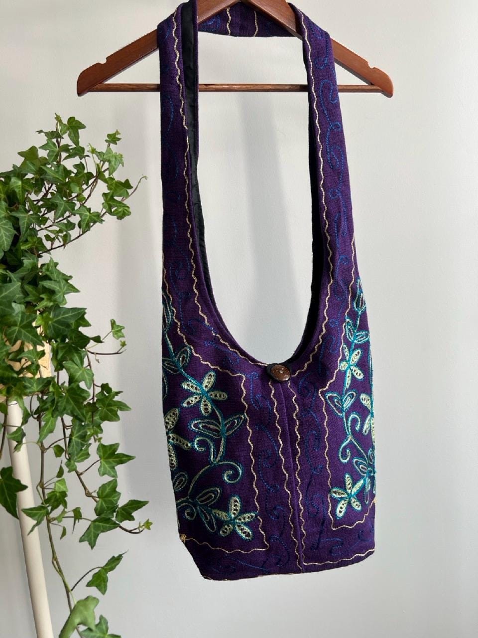 Hand Embroidered Purple Floral Boho Crossbody Bag, Ethnic Linen Cotton Purse