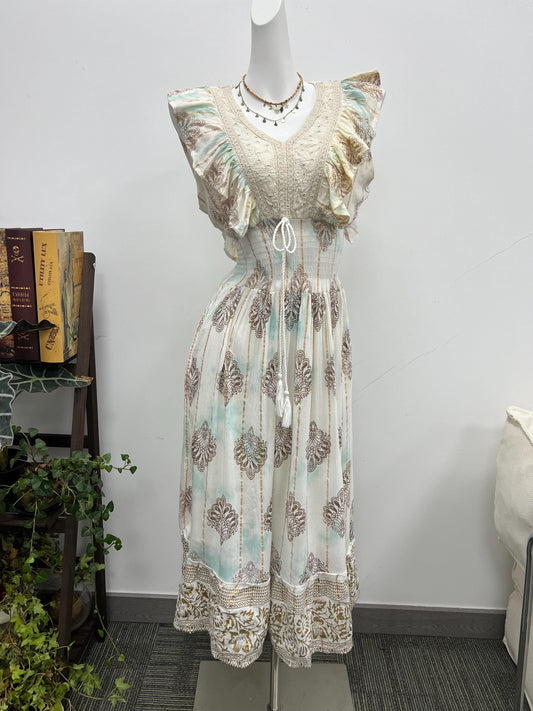 Lightweight Cotton Paisley Print Dress, Smocked Back, Boho Wedding Guest Dress