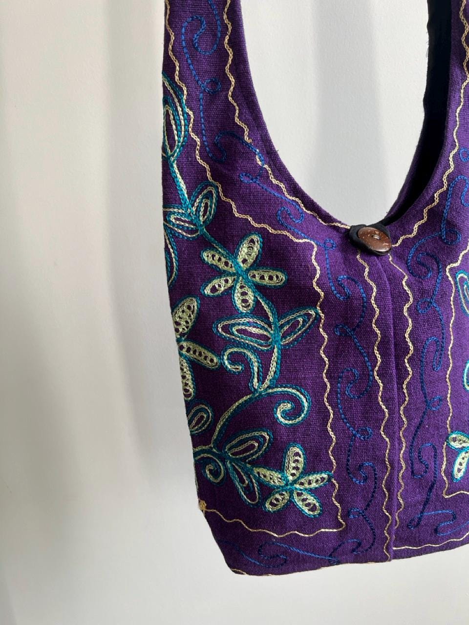 Hand Embroidered Purple Floral Boho Crossbody Bag, Ethnic Linen Cotton Purse